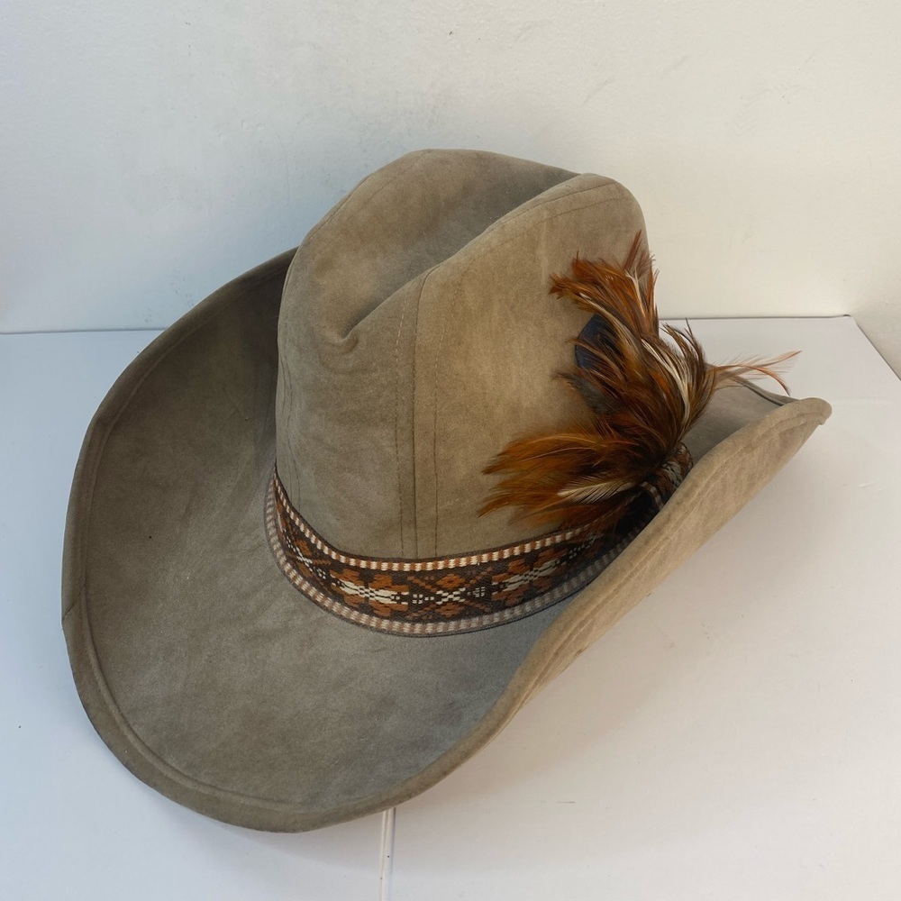 Vintage United Hatters Cap & Millinery Tan Western Hat w Feather Detail